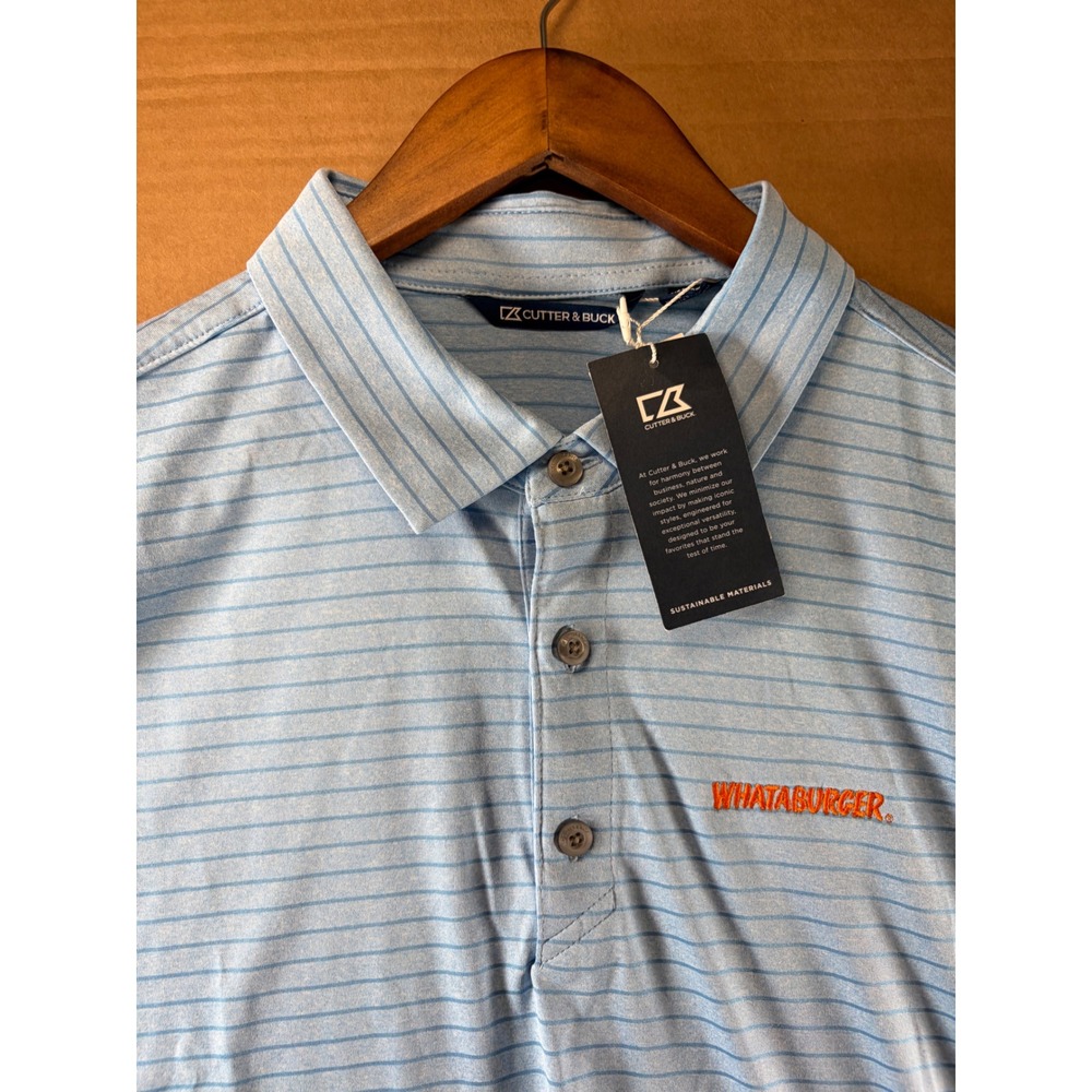 Cutter & Buck Polo Shirt Mens XL Blue Striped Whataburger Logo Short Sleeve NWT